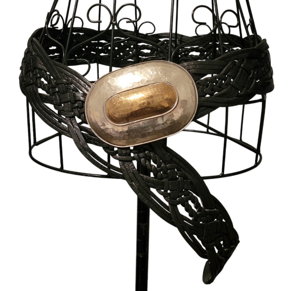 Chico's Black Braided Leather Belt with Hammered Gold-Tone Buckle